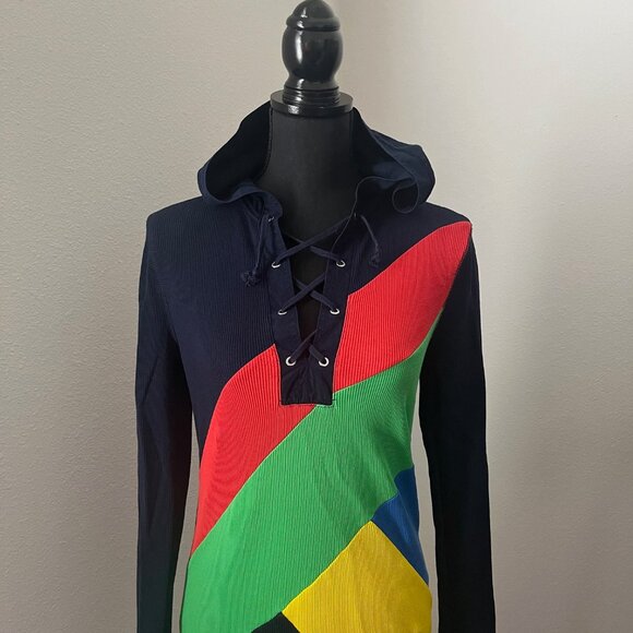 LRL LAUREN ACTIVE RALPH LAUREN THERMAL HOODED COLOR BLOCK TOP Women's Size Small - Picture 1 of 11
